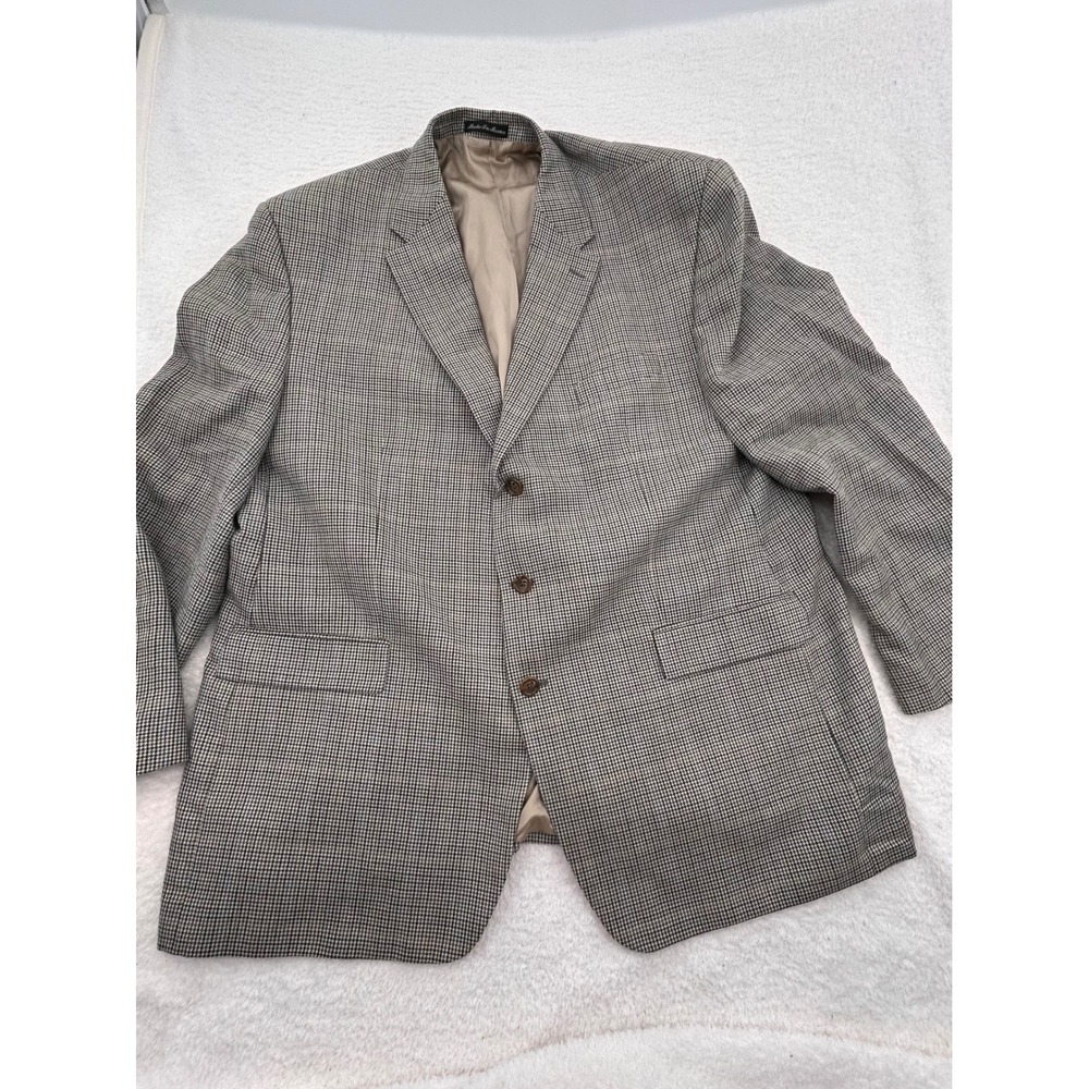 Lauren Ralph Lauren Mens 52L Silk Wool Houndstooth Blazer Sport Coat Tan Blue‎